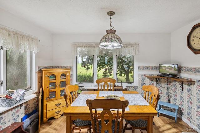 dining area featuring light hardwood / wood-style floors and a textured ceiling