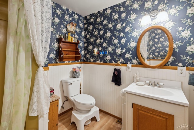 bathroom with vanity, wood-type flooring, and toilet