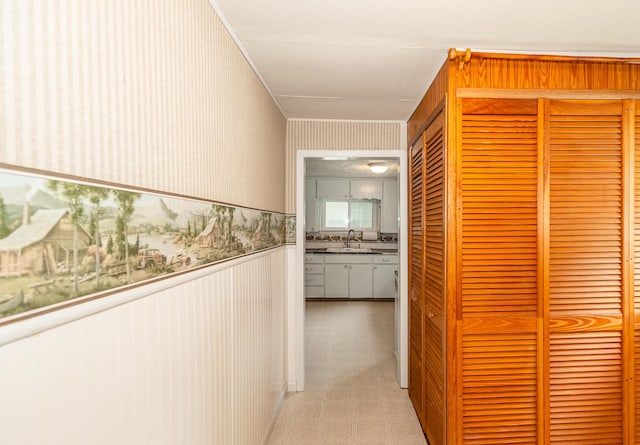 482 Swan Ln, Coldwater, MI 49036 - hall with wallpapered walls, a sink, a wainscoted wall, and light floors