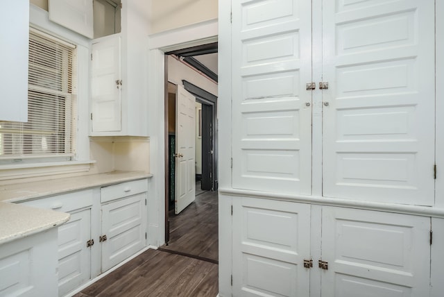 kitchen with dark hardwood / wood-style floors and white cabinetry