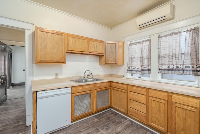 kitchen with a wall mounted air conditioner, white dishwasher, sink, crown molding, and dark hardwood / wood-style flooring