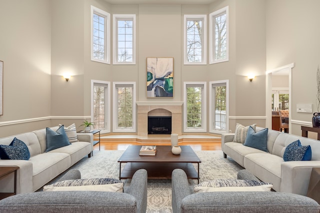 living room with a towering ceiling, light hardwood / wood-style flooring, and a healthy amount of sunlight