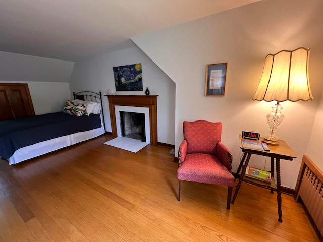 bedroom featuring wood-type flooring, vaulted ceiling, and radiator