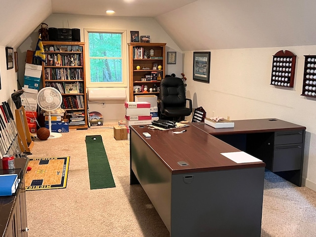 office featuring carpet and lofted ceiling