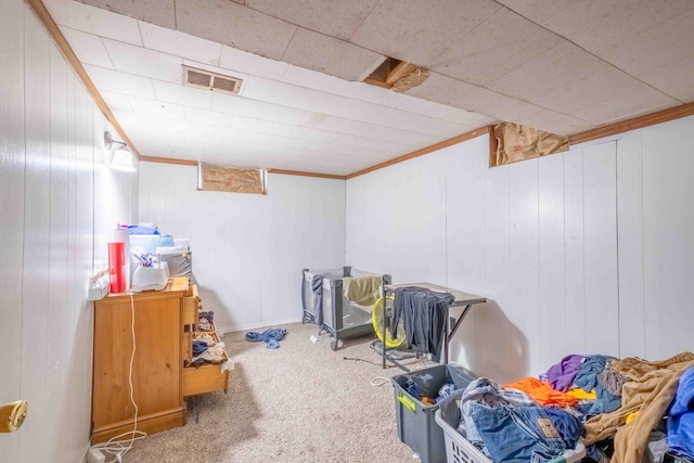 interior space with wooden walls, carpet floors, and ornamental molding