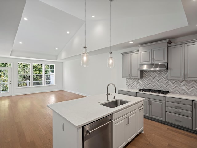 kitchen featuring hardwood / wood-style floors, appliances with stainless steel finishes, gray cabinetry, and sink