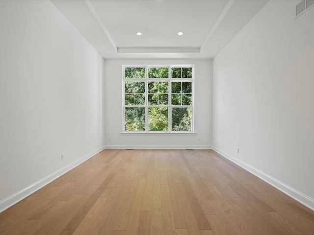 spare room with light wood-type flooring and a tray ceiling