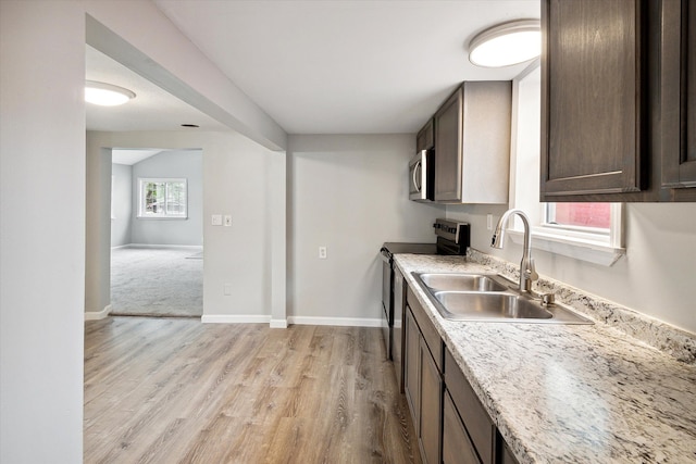 kitchen featuring sink, light wood-type flooring, dark brown cabinets, and appliances with stainless steel finishes