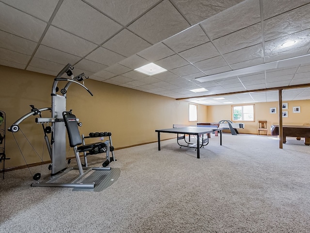 game room featuring carpet flooring, a drop ceiling, and pool table