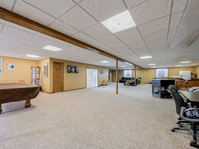 game room featuring carpet floors, a paneled ceiling, and pool table