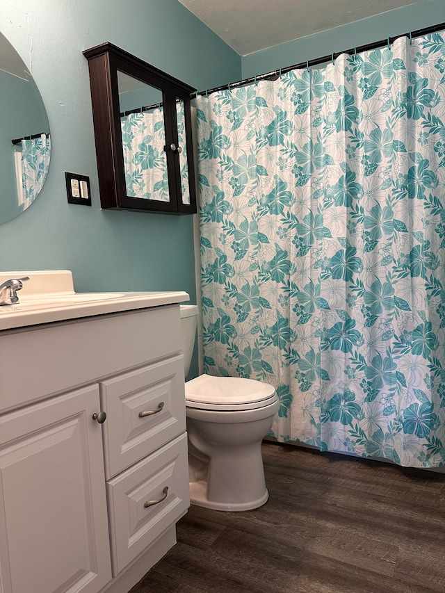 bathroom with vanity, toilet, and wood-type flooring