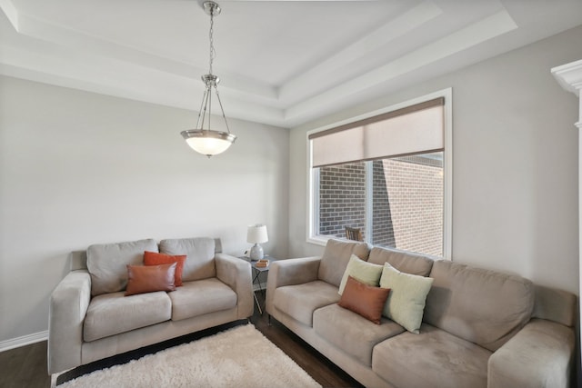 living room with dark wood-style floors, a raised ceiling, and baseboards