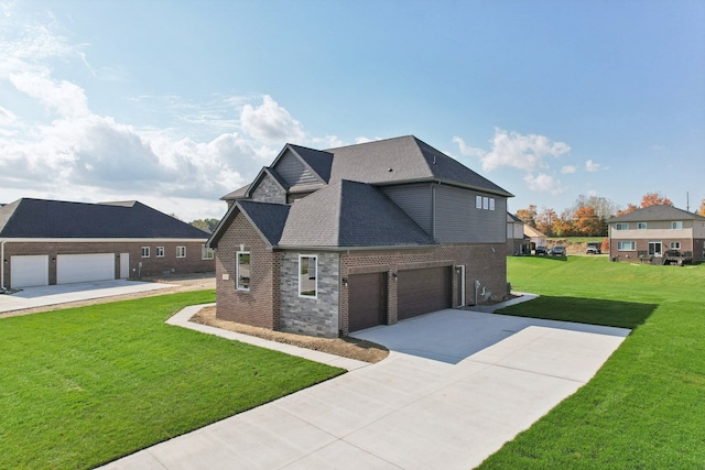 view of front facade with brick siding, driveway, a shingled roof, and a front yard