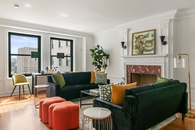 living room with a fireplace, wood-type flooring, and crown molding