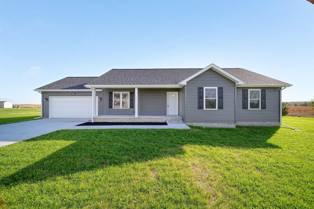 single story home featuring a front yard and a garage