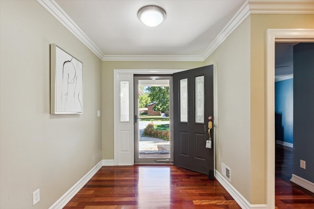 foyer entrance with crown molding and dark wood-type flooring