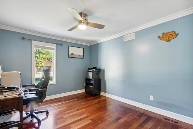 office space with hardwood / wood-style floors, ceiling fan, and crown molding