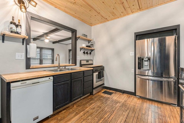 kitchen featuring appliances with stainless steel finishes, light hardwood / wood-style floors, butcher block counters, and sink