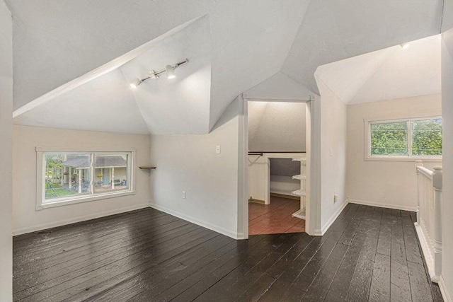 additional living space featuring vaulted ceiling and dark hardwood / wood-style floors