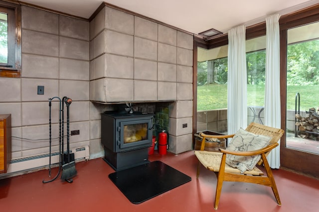 interior space with baseboard heating, a wood stove, and a wealth of natural light