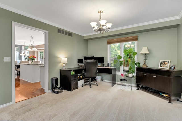 office area with light carpet, an inviting chandelier, and ornamental molding