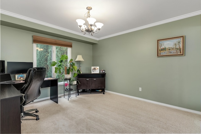 office area featuring light carpet, crown molding, and a notable chandelier