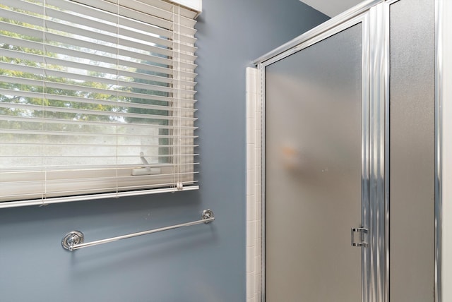 bathroom with a shower with door and a healthy amount of sunlight