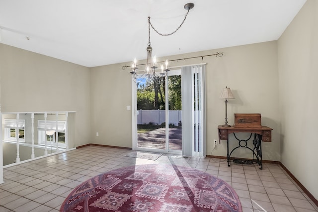 interior space featuring light tile patterned floors and an inviting chandelier