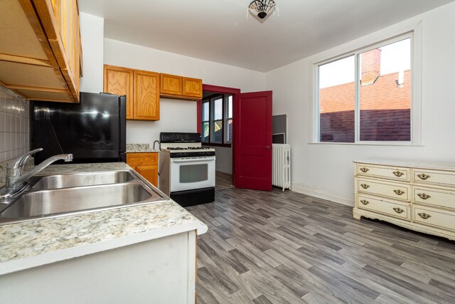 11434 Mcdougall St, Hamtramck, MI 48212 - kitchen featuring white gas range, black refrigerator, a sink, light countertops, and radiator heating unit