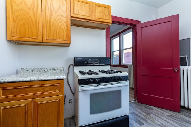 kitchen with light wood-type flooring and white gas range oven