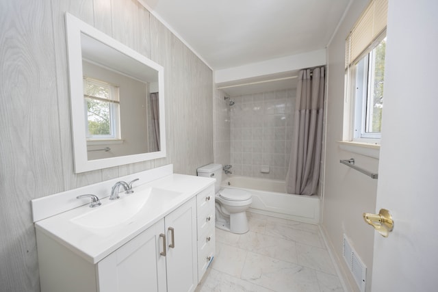 full bathroom with vanity, toilet, and shower / bathtub combination with curtain