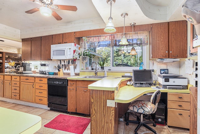 kitchen featuring ceiling fan, sink, hanging light fixtures, black dishwasher, and light tile patterned flooring