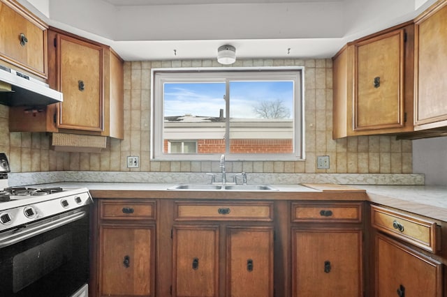 kitchen featuring sink, gas range oven, and decorative backsplash