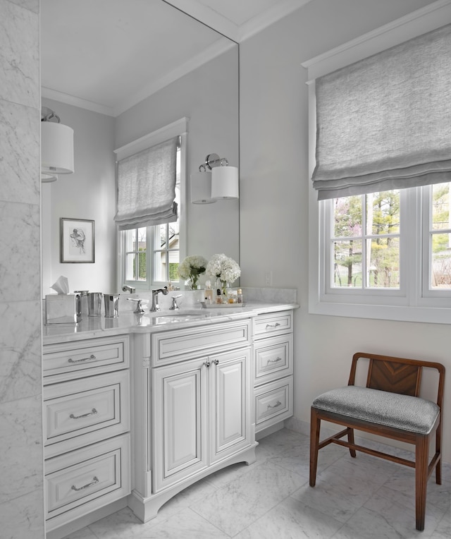 bathroom featuring plenty of natural light, ornamental molding, and vanity