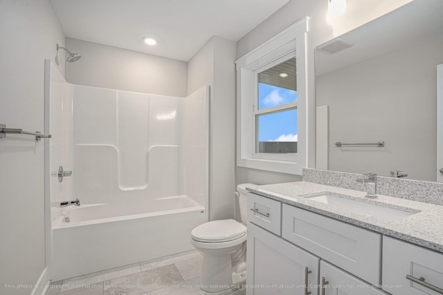 full bathroom with tile patterned flooring, vanity, toilet, and tub / shower combination