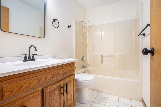 full bathroom with toilet, vanity, tile patterned floors, and bathtub / shower combination