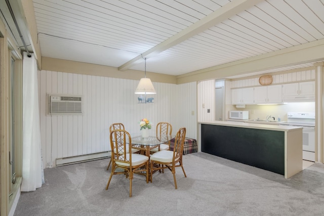 dining area featuring beamed ceiling, light colored carpet, a wall mounted air conditioner, and baseboard heating