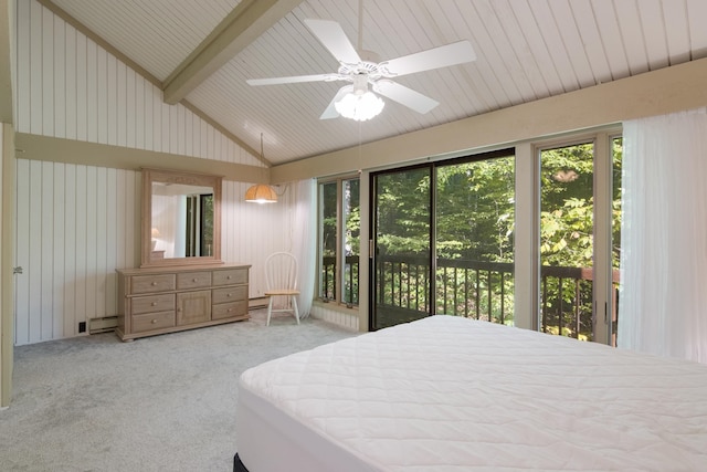 carpeted bedroom featuring beam ceiling, ceiling fan, high vaulted ceiling, a baseboard heating unit, and access to outside