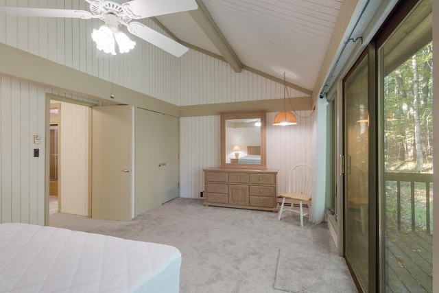 bedroom featuring beam ceiling, ceiling fan, high vaulted ceiling, and light carpet