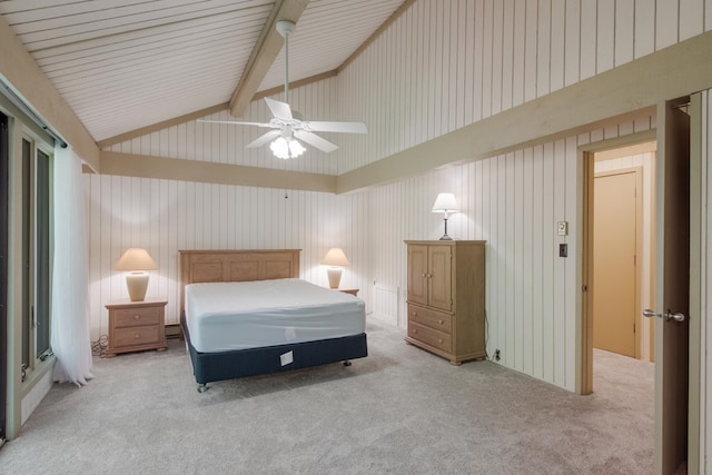 carpeted bedroom with beamed ceiling, high vaulted ceiling, and ceiling fan