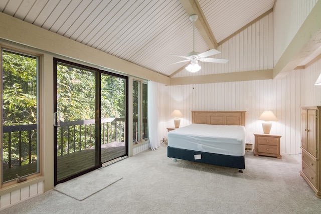 carpeted bedroom featuring beamed ceiling, ceiling fan, high vaulted ceiling, and access to outside