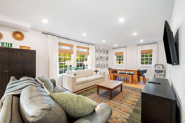 living room with plenty of natural light and hardwood / wood-style flooring