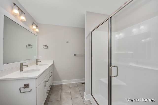 bathroom with vanity, tile patterned floors, and a shower with door