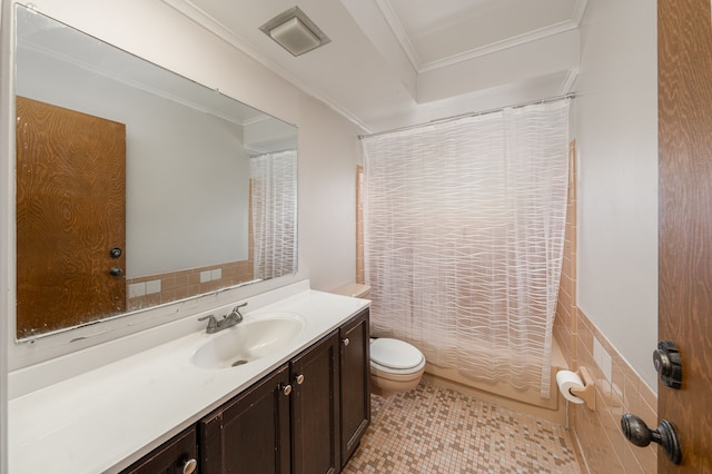 full bathroom with shower / bath combo, tile patterned flooring, crown molding, toilet, and vanity