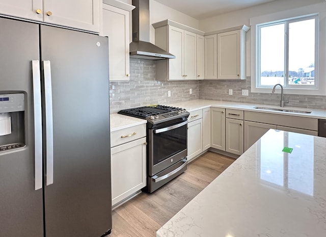 kitchen with sink, white cabinetry, stainless steel appliances, light stone counters, and wall chimney exhaust hood