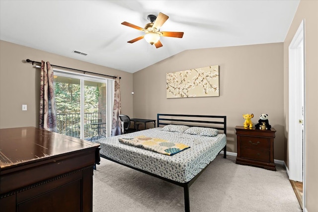 carpeted bedroom with ceiling fan, lofted ceiling, and access to outside