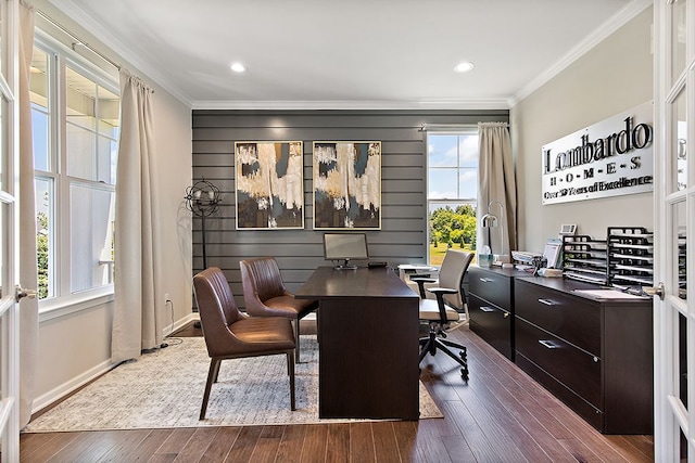 office area featuring dark hardwood / wood-style floors and ornamental molding