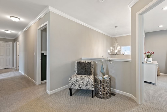 living area featuring a notable chandelier, crown molding, and light carpet