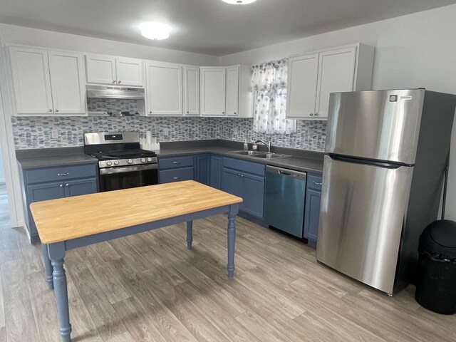 kitchen featuring sink, white cabinetry, stainless steel appliances, and light hardwood / wood-style flooring