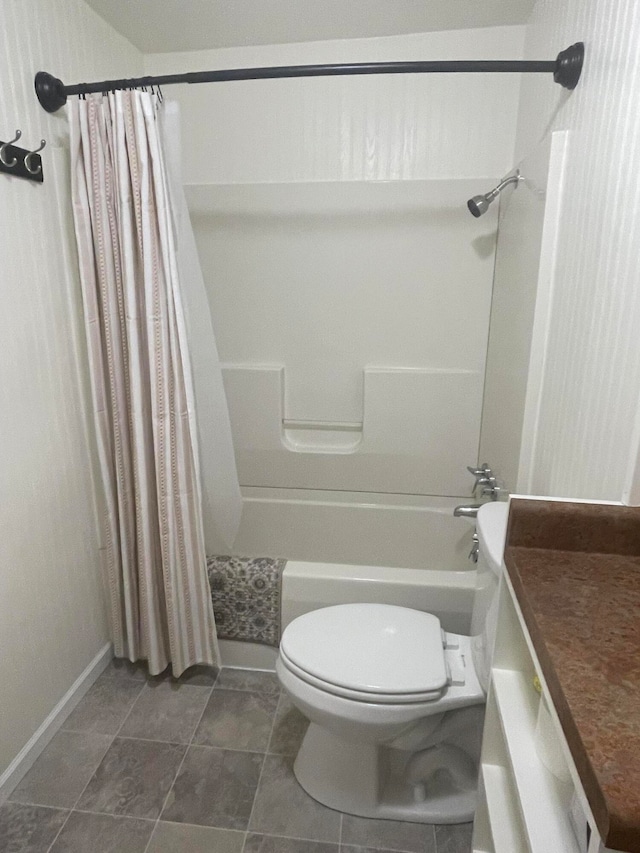 full bathroom with vanity, toilet, and shower / bath combo with shower curtain